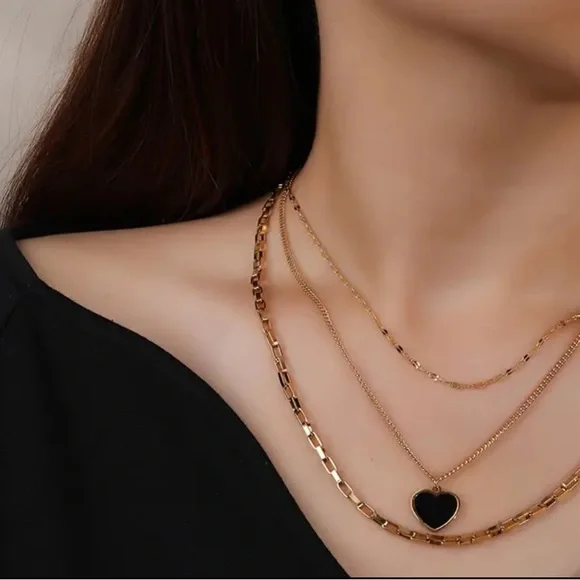 COPY - Gold and Black Layered Heart Necklace and Earrings